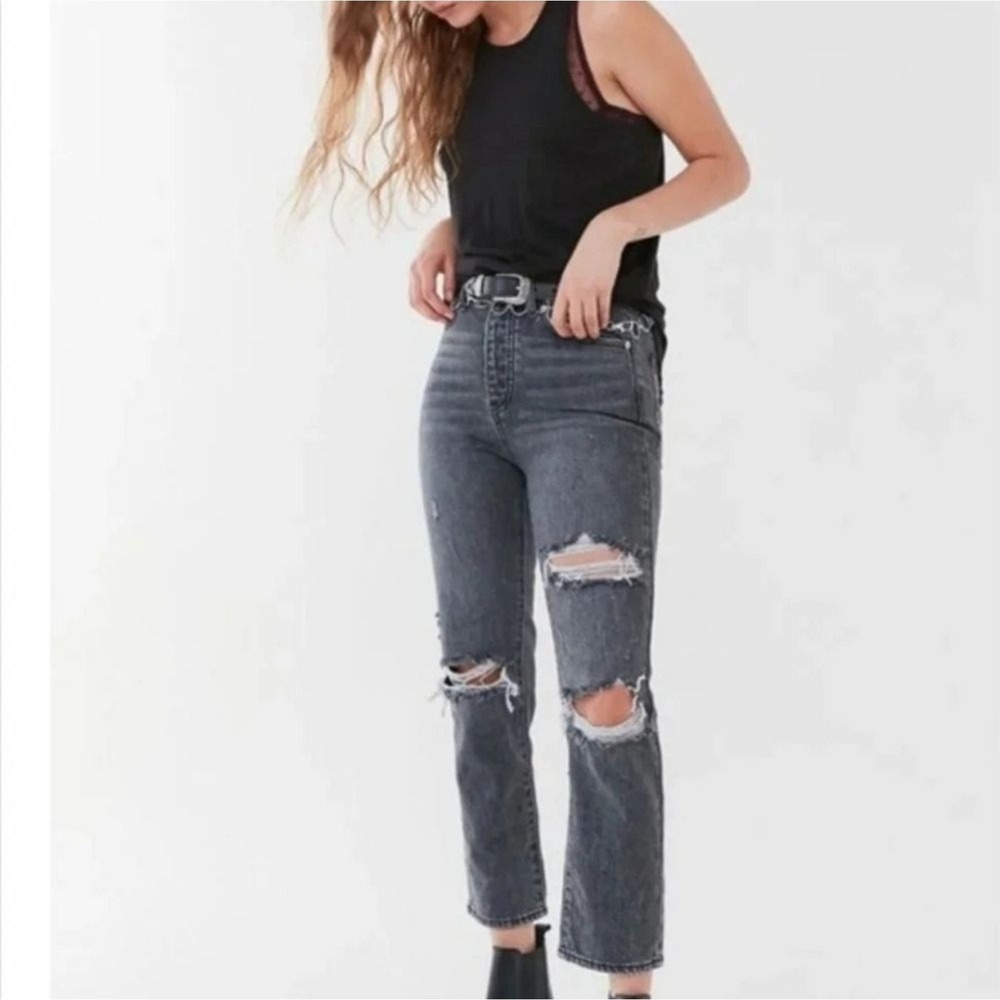 BDG Slim Straight Jeans Womens 27 Black Distressed Ripped High Rise Streetwear